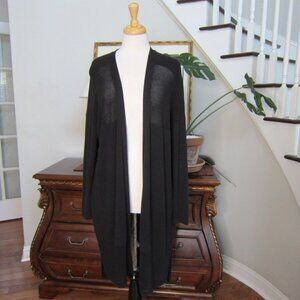 Athleta Black Open Front Fishnet Trim Hi-Low Long Cardigan women's size L
